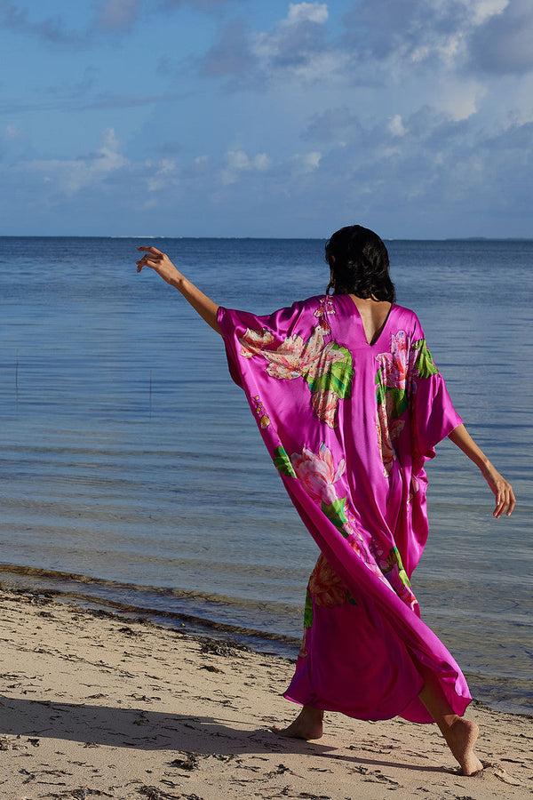 Natori Couture Hanabi Beaded Silk Caftan Hot Pink