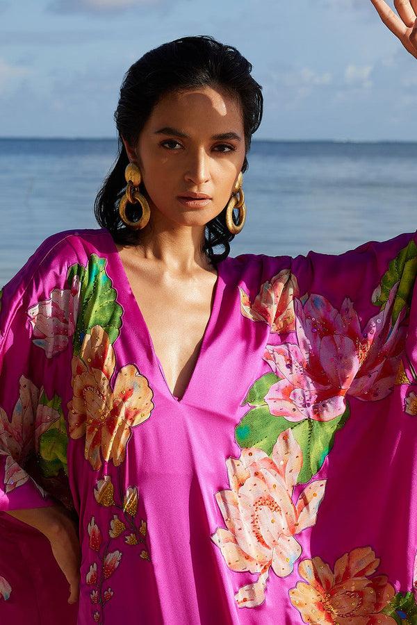 Natori Couture Hanabi Beaded Silk Caftan Hot Pink