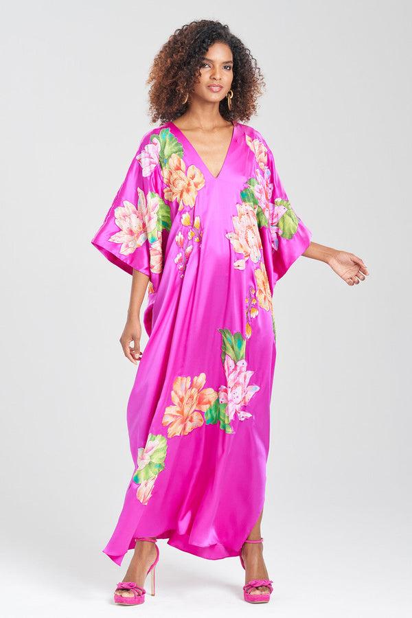 natori Couture Hanabi Beaded Silk Caftan Hot Pink