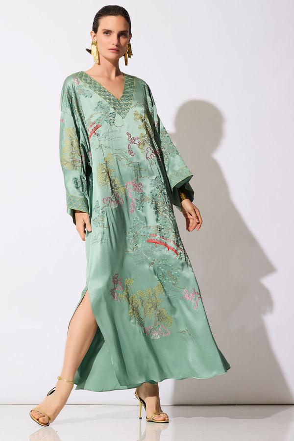 natori Couture Nara Embellished Silk Caftan Aloe