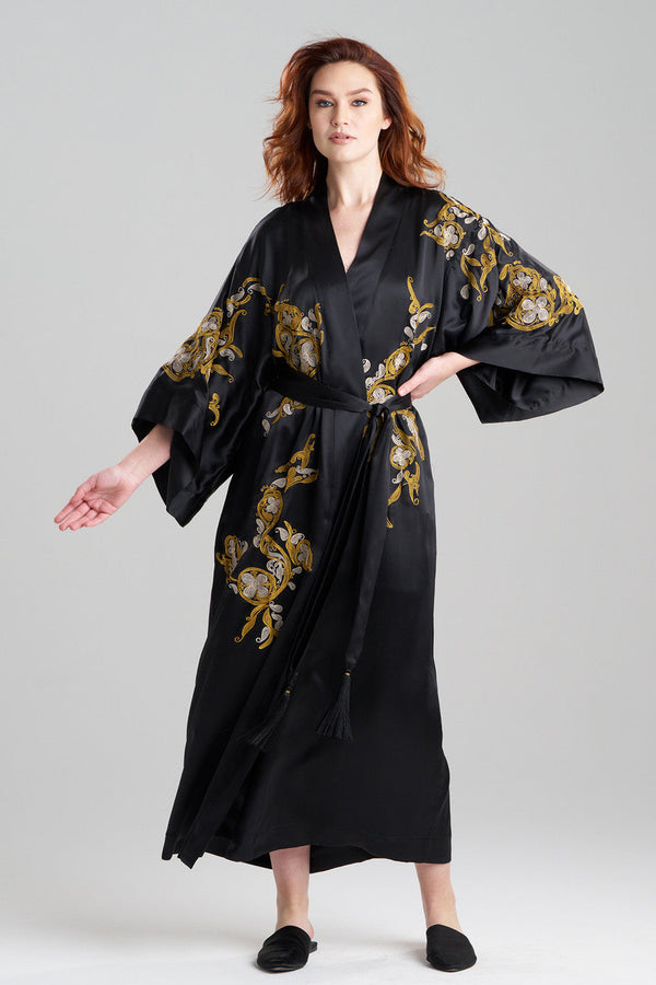 Natori Couture Ottoman Embroidered Silk Robe Black