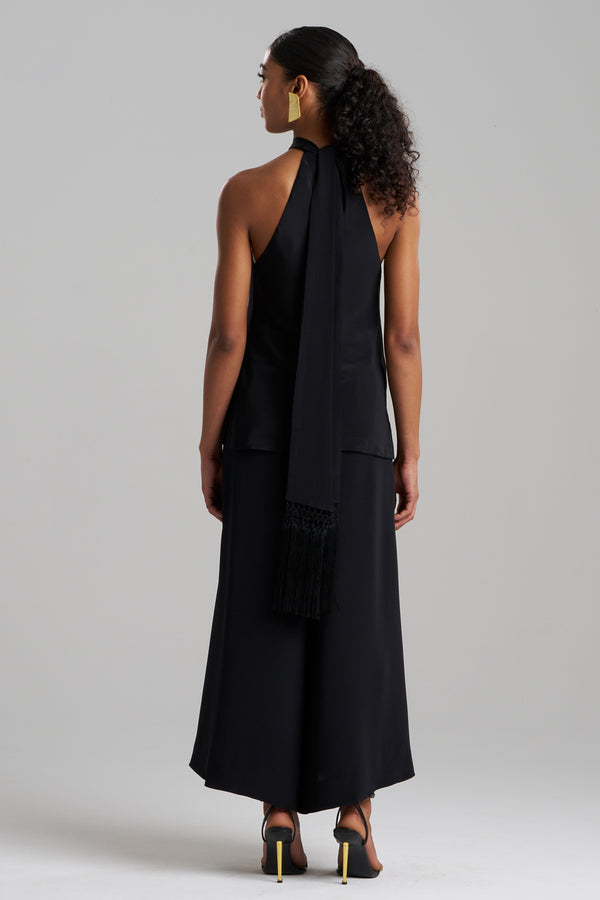 Natori Couture Silk Crepe Fringe Halter Top Black