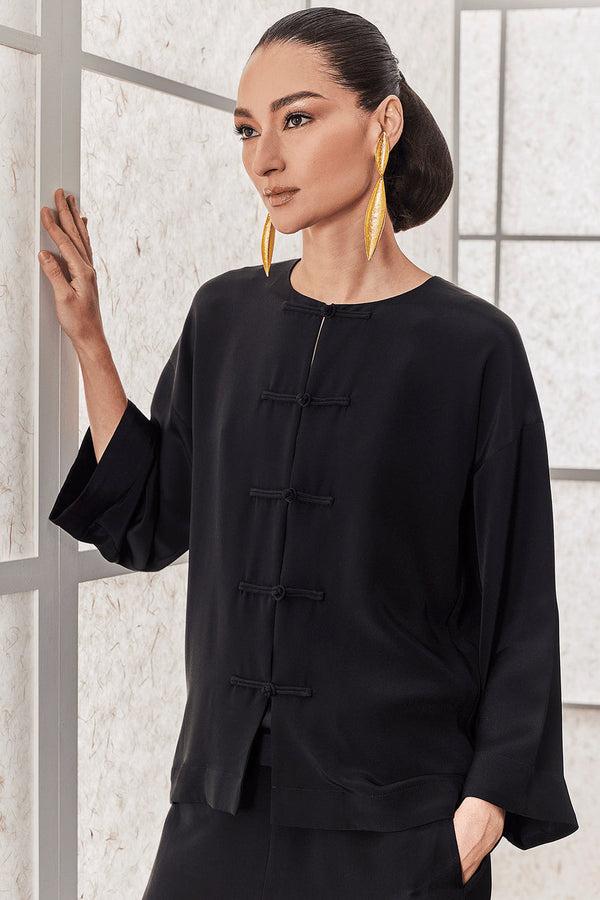 Natori Couture Silk Crepe Mandarin Jacket Black