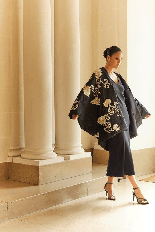 Natori Couture Silk Taffeta Embroidered Coat Black