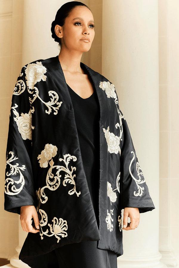 Natori Couture Silk Taffeta Embroidered Coat Black