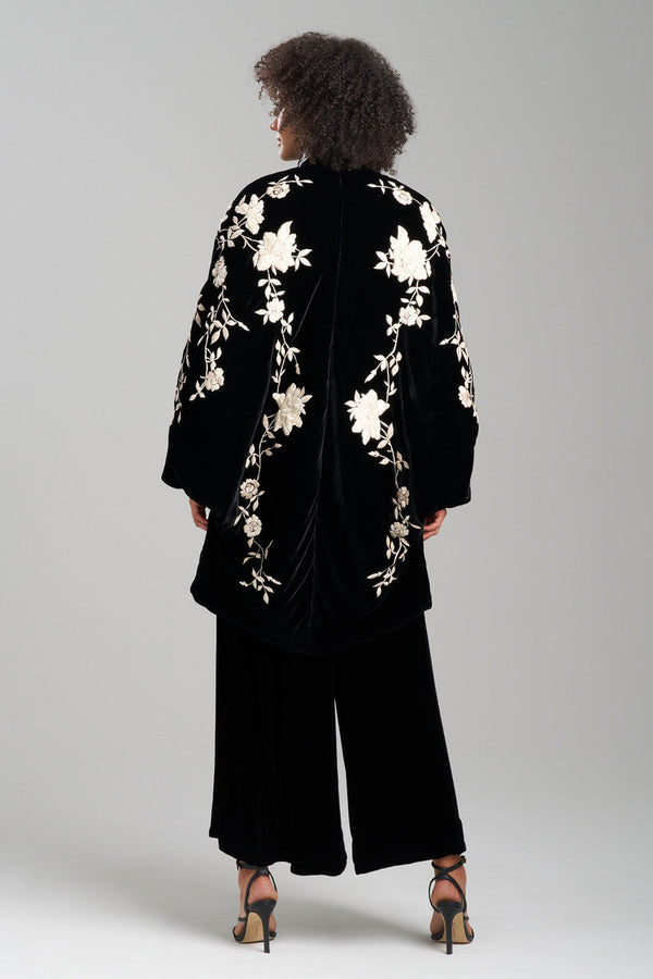 Natori Couture Velvet Silk Embroidered Coat Black