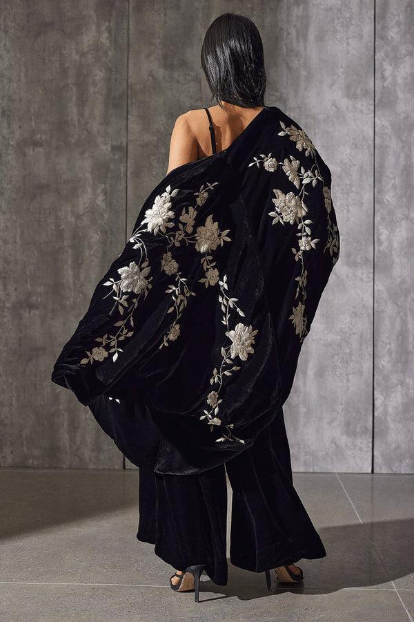 Natori Couture Velvet Silk Embroidered Coat Black