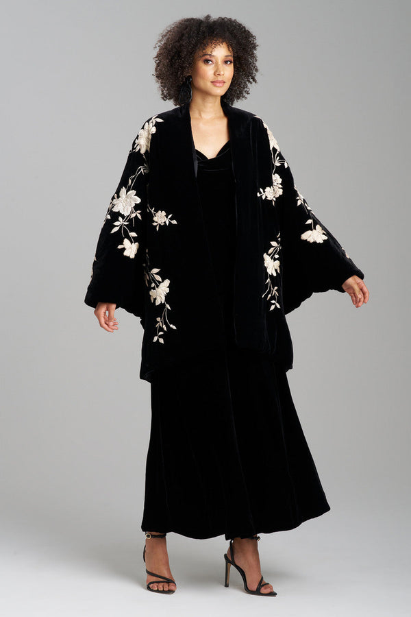 natori Couture Velvet Silk Embroidered Coat Black