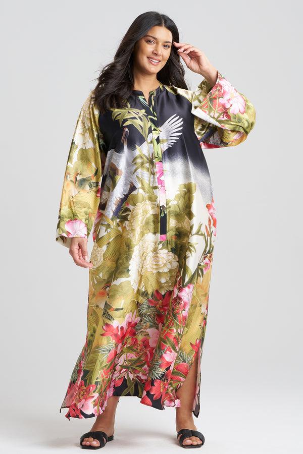 Natori Crane Zip Caftan Black Multi