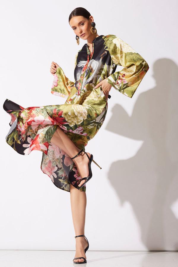 natori Crane Zip Caftan Black Multi