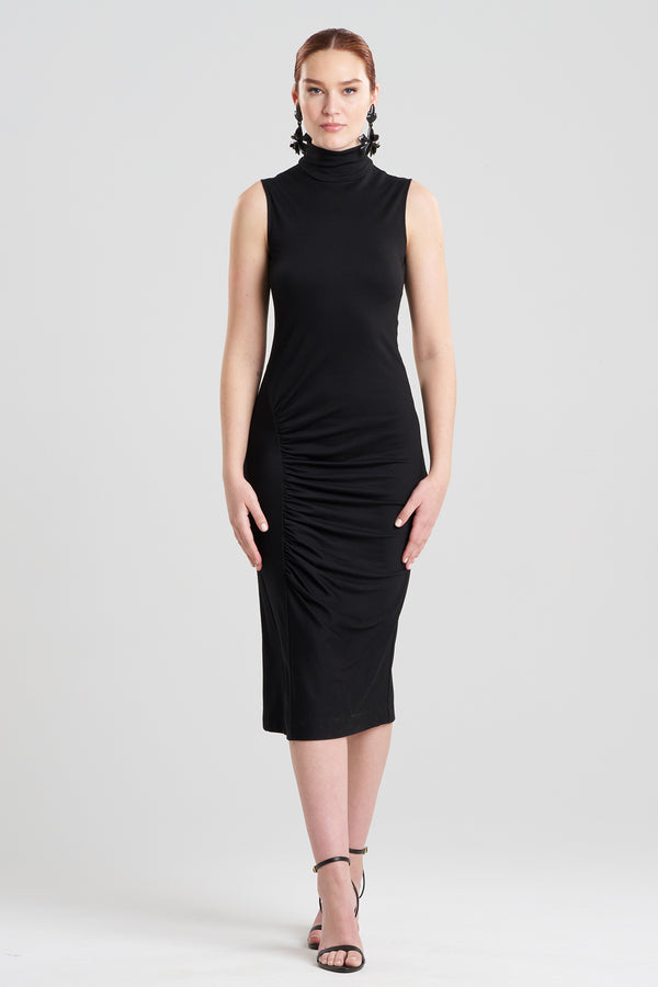 Natori Crepe Knit Mock Neck Ruched Dress Black