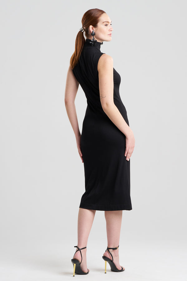 Natori Crepe Knit Mock Neck Ruched Dress Black
