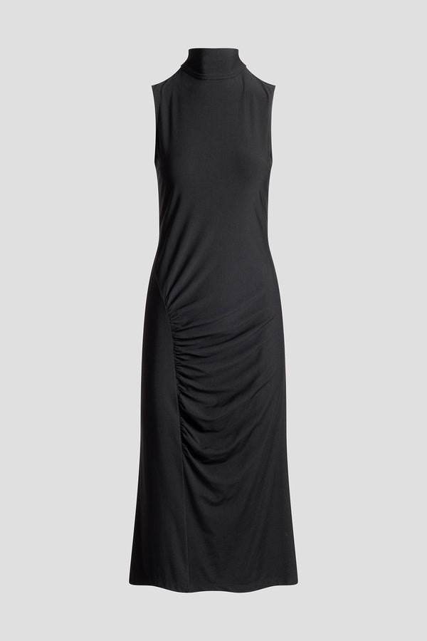 Natori Crepe Knit Mock Neck Ruched Dress Black