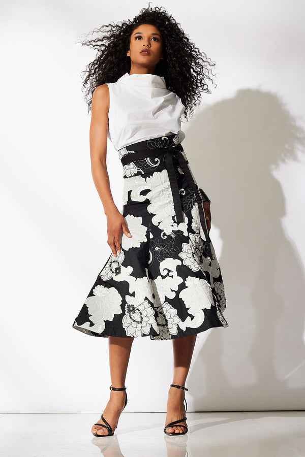 natori Cressida Applique Flair Skirt Black Cream