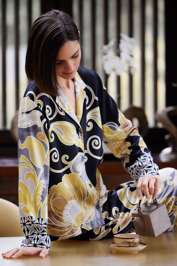 natori Deco Printed Charmeuse Notch PJ Black/Gold