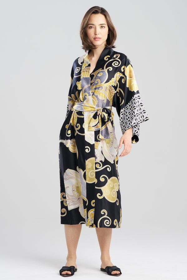 natori Deco Printed Charmeuse Robe Black/Gold