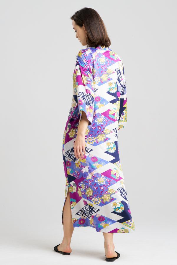 Natori Deco Satin Mandarin Caftan Magenta