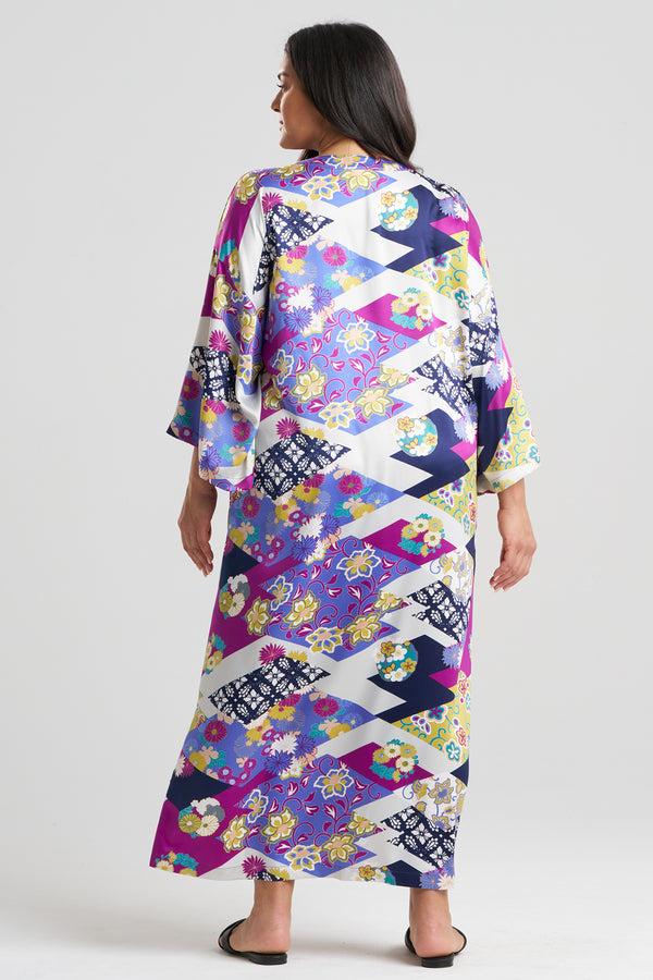 Natori Deco Satin Mandarin Caftan Magenta