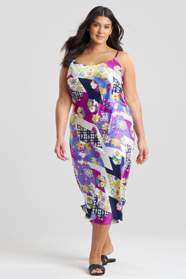 Natori Deco Satin Scoop Neck Slip Dress Magenta