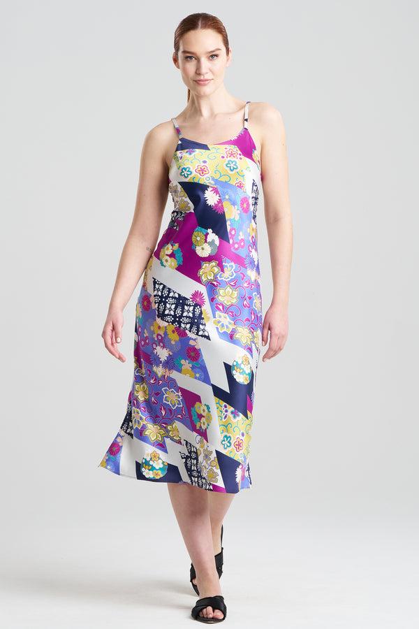 natori Deco Satin Scoop Neck Slip Dress Magenta