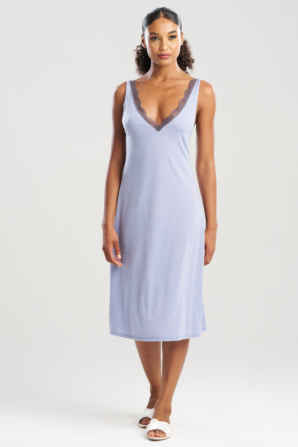 natori Dhalia Knit Jersey Lace Gown Blue Haze