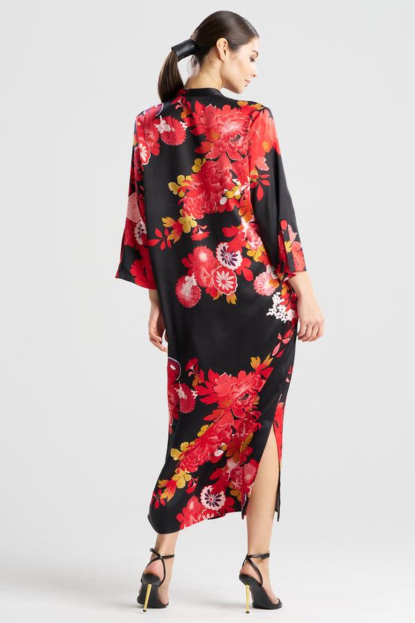 Natori Empress Printed Satin Mandarin Caftan Black