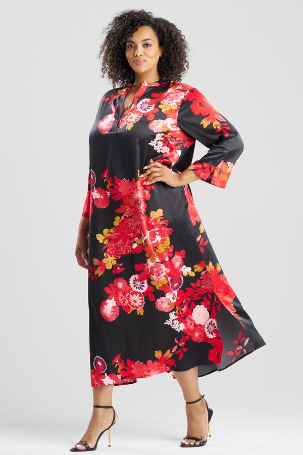 Natori Empress Printed Satin Mandarin Caftan Black
