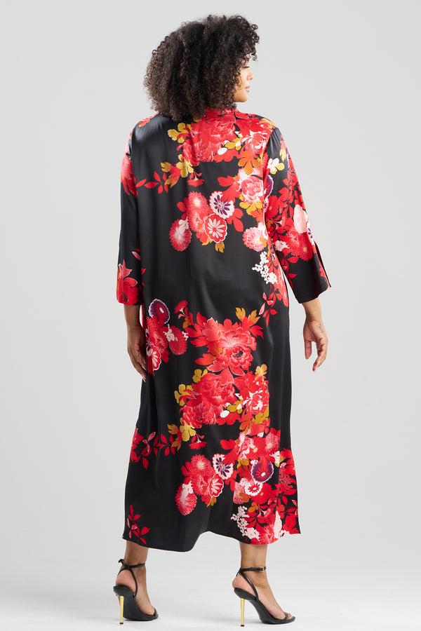 Natori Empress Printed Satin Mandarin Caftan Black