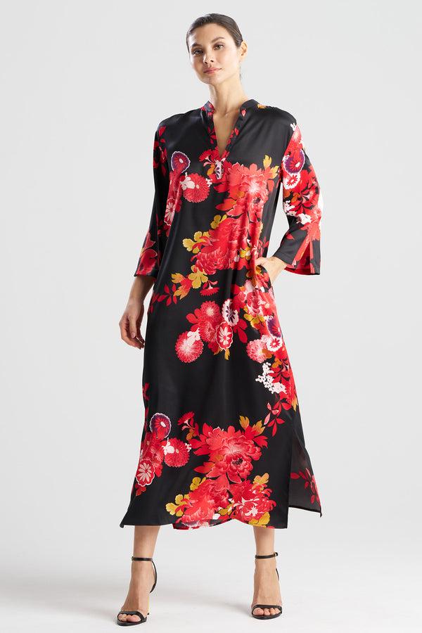 natori Empress Printed Satin Mandarin Caftan Black