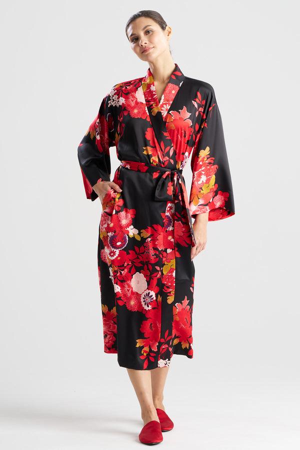 natori Empress Printed Satin Robe Black