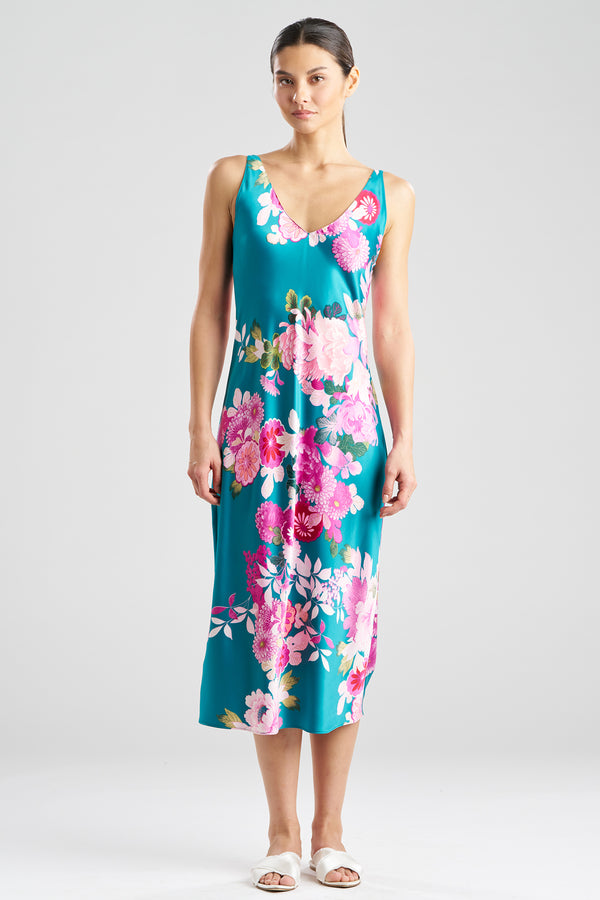 natori Empress Printed Satin Slip Dress Green