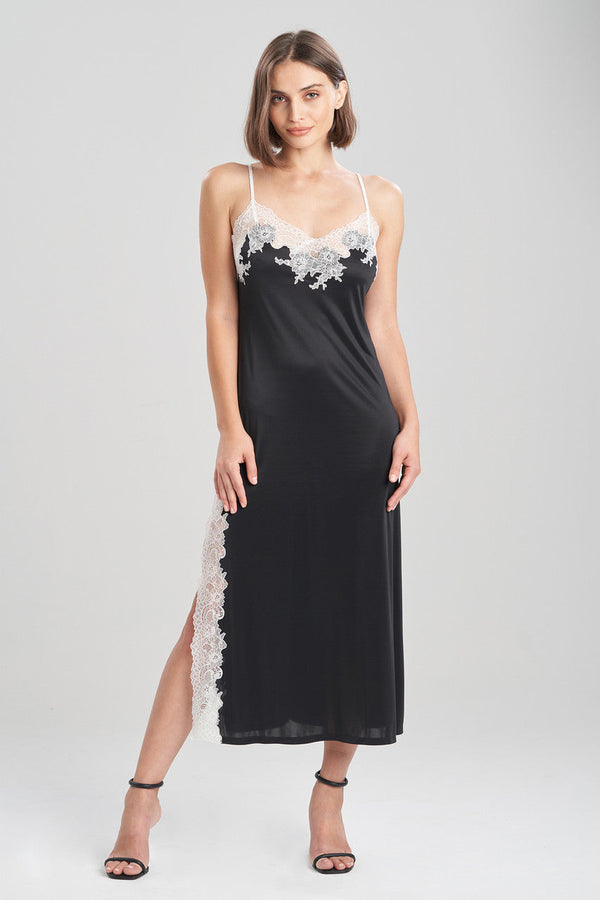 natori Enchant Lace Slit Slip Dress Black