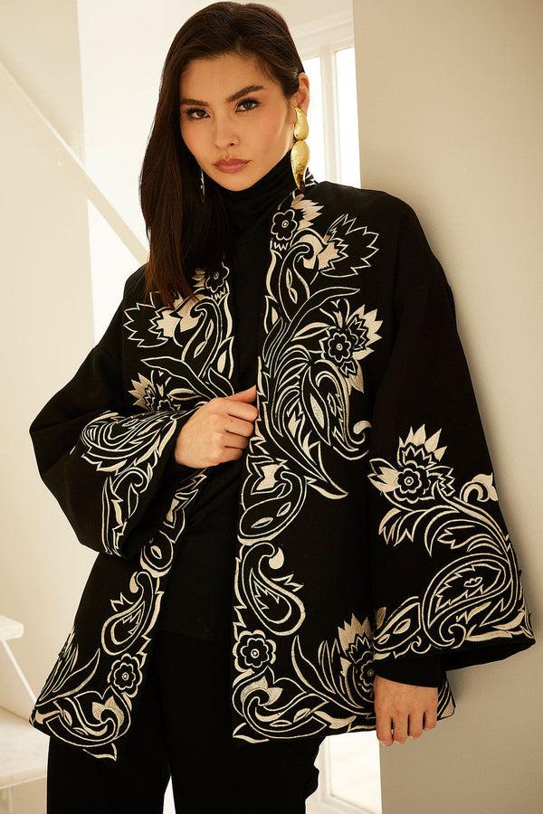 natori Felt Embroidered Coat Black