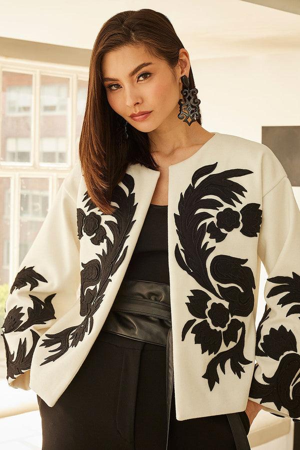 natori Felt Embroidered Crop Jacket Warm White