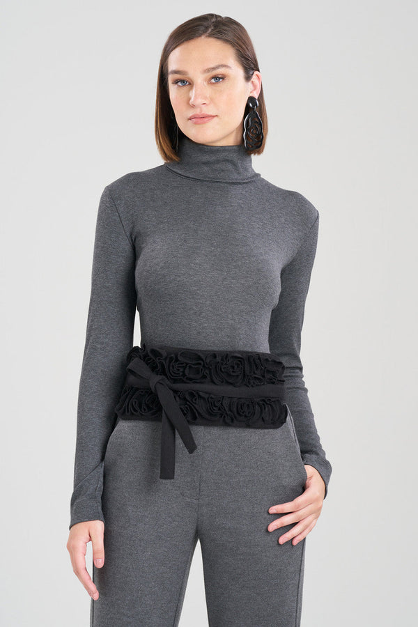 Natori Felt Embroidered Floral Obi Belt Black