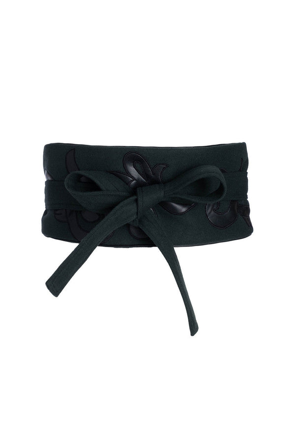 natori Felt Embroidered Obi Belt Bottle Green