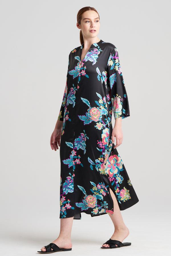 natori Festival Satin Zip Caftan Black