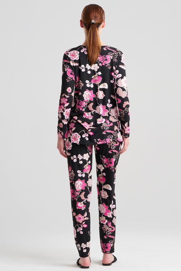 Natori Fleur Dragon Cozy Knit Long Sleeve PJ Black