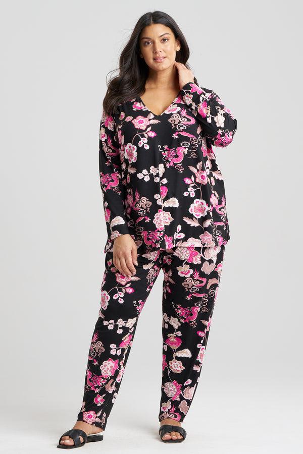 Natori Fleur Dragon Cozy Knit Long Sleeve PJ Black