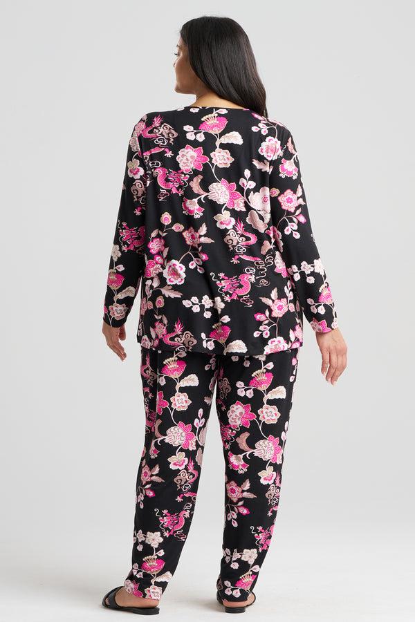 Natori Fleur Dragon Cozy Knit Long Sleeve PJ Black