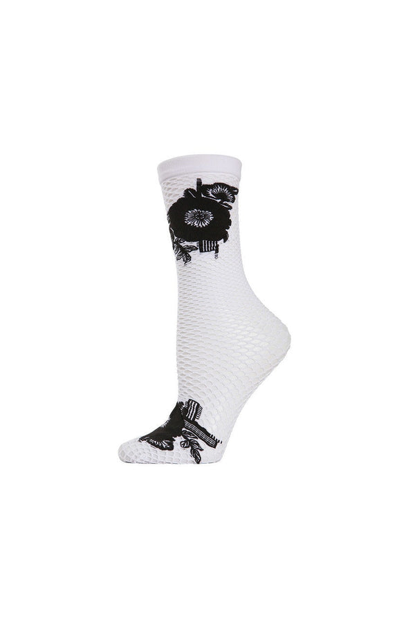 natori Floral Applique Net Crew Socks White