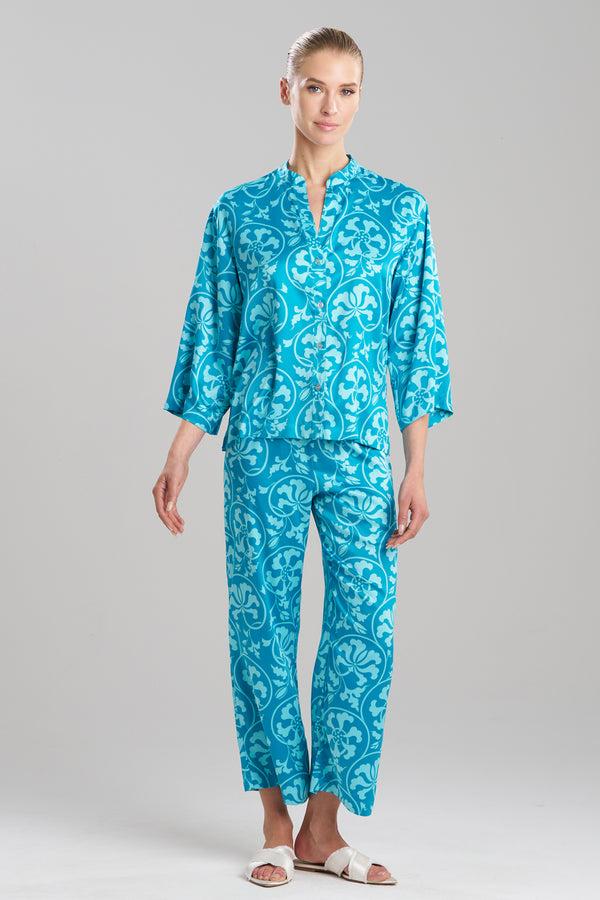 natori Floral Harmony Satin Button Down PJ Teal