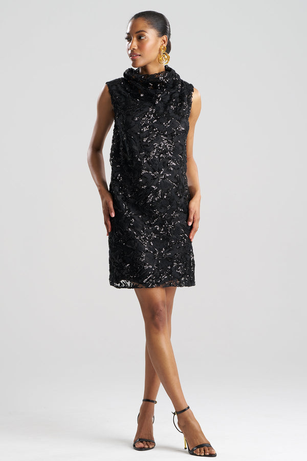 Natori Floral Sequin Lace Shift Dress Black