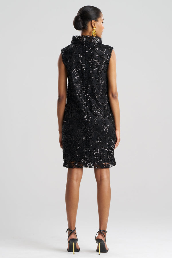 Natori Floral Sequin Lace Shift Dress Black