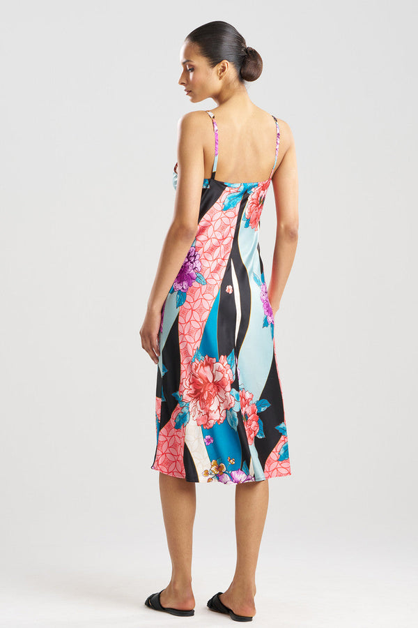 Natori Floral Tapestry Satin Slip Dress Teal