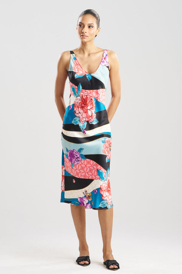 natori Floral Tapestry Satin Slip Dress Teal
