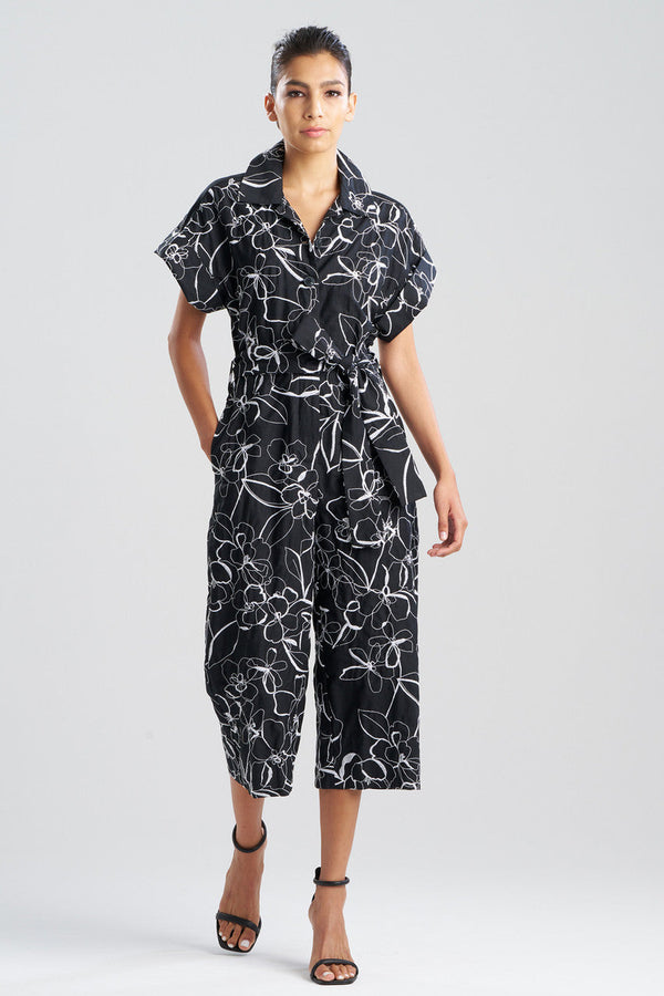 natori Flower Stencil Embroidered Jumpsuit Black