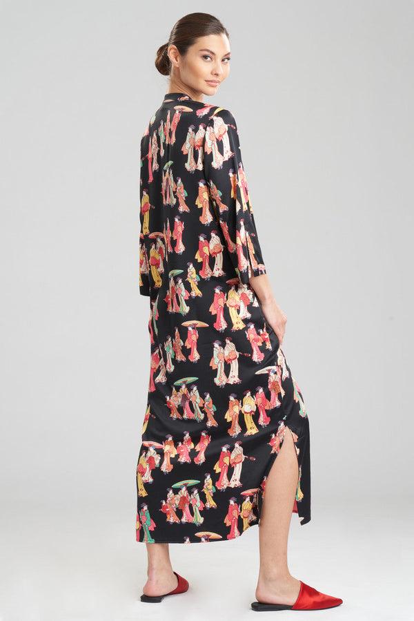 Natori Geisha-Printed Satin Zip Caftan Black Multi