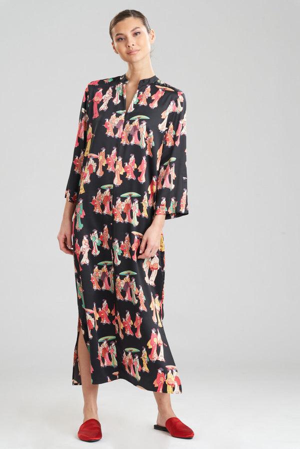 natori Geisha-Printed Satin Zip Caftan Black Multi