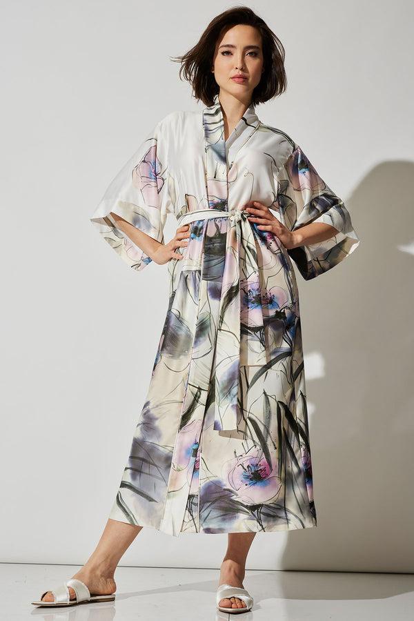 natori Hiyaku Printed Charmeuse Robe Multi